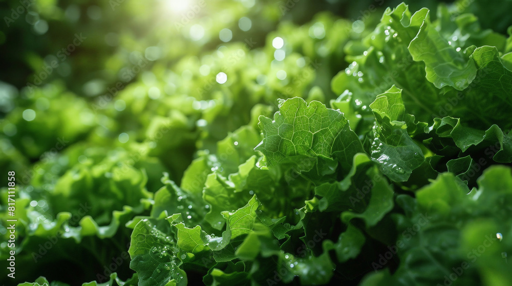 Poster a detailed look at a vibrant green leafy vegetable, specifically lettuce, showcasing its texture and