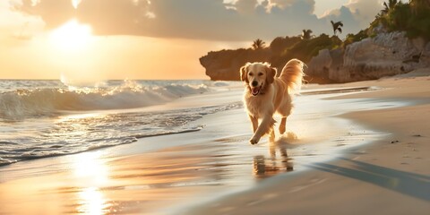 A charming dog running on a sandy beach by the ocean at sunset. Concept Pets, Beaches, Sunset, Outdoor Activities, Animal Photography - Powered by Adobe