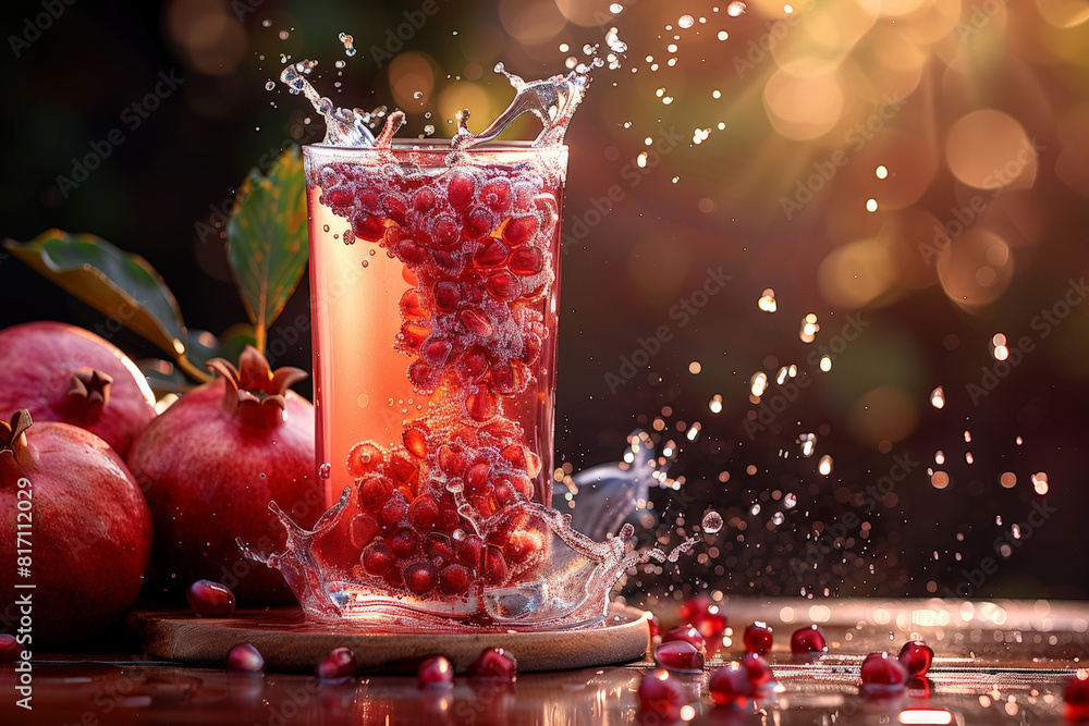 Poster a glass filled with pomegranate juice with water splashes creating a dynamic and refreshing scene