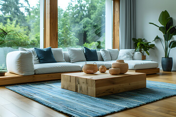 Contemporary modern living room cozy interior with real wood hardware edge slab coffee table