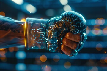 Futuristic Smart Boxing Glove Displaying Real-Time Data in a High-Tech Training Environment