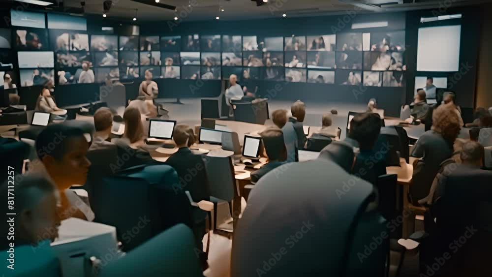 Poster group of people in conference room with multiple monitors generative ai