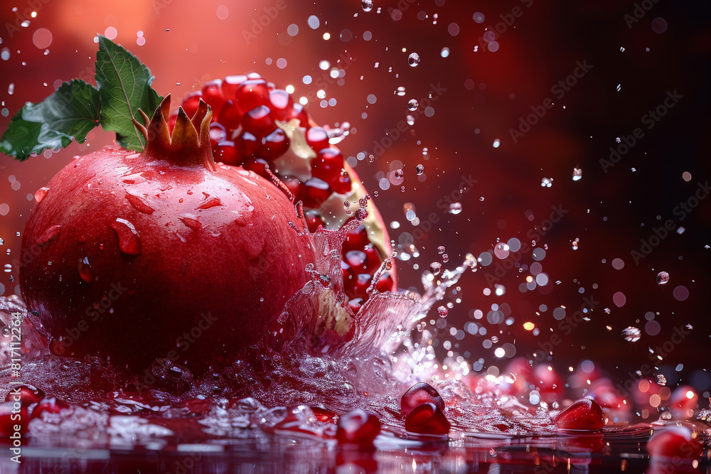 Fototapete A ripe red pomegranate is getting splashed with water, creating a refreshing and vibrant image