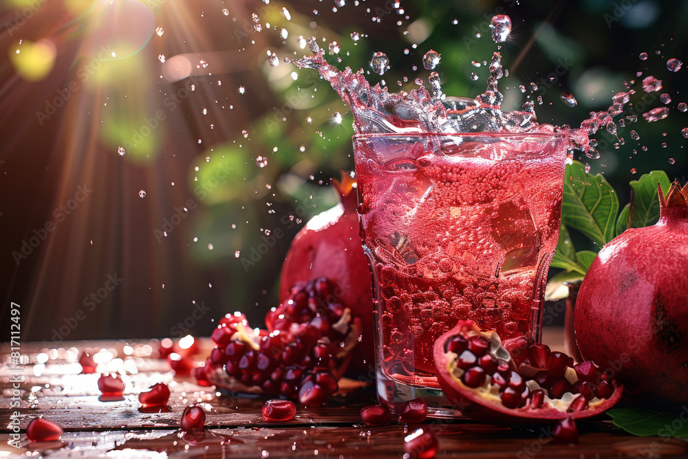 Fototapete a glass filled with refreshing pomegranate juice, with water splashes creating dynamic patterns