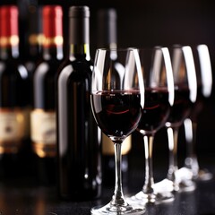 A row of wine bottles and glasses on a table
