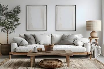 white sofa with grey and beige pillows against the wall with two blank frames for mockups ai generative