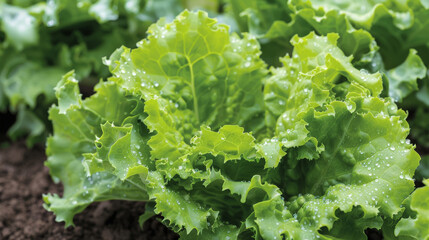 A detailed view of fresh green lettuce plants flourishing in a well-tended garden under the sunlight. The vibrant leaves are growing from the soil, showing signs of healthy growth and development