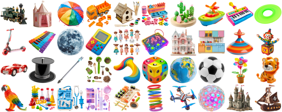 big collection of different toys for children kid, school playroom decor, magnet toy, doll, teddy bear, board game, photo collage set, isolated transparent background AIG44 - Powered by Adobe