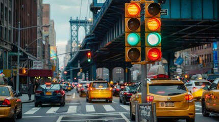 Obraz premium Traffic light at a busy intersection with an overpass above, capturing the complexity of urban traffic management.