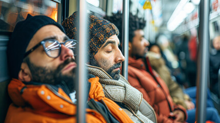 individuals in different professions working from public transport, looking tired or sick.