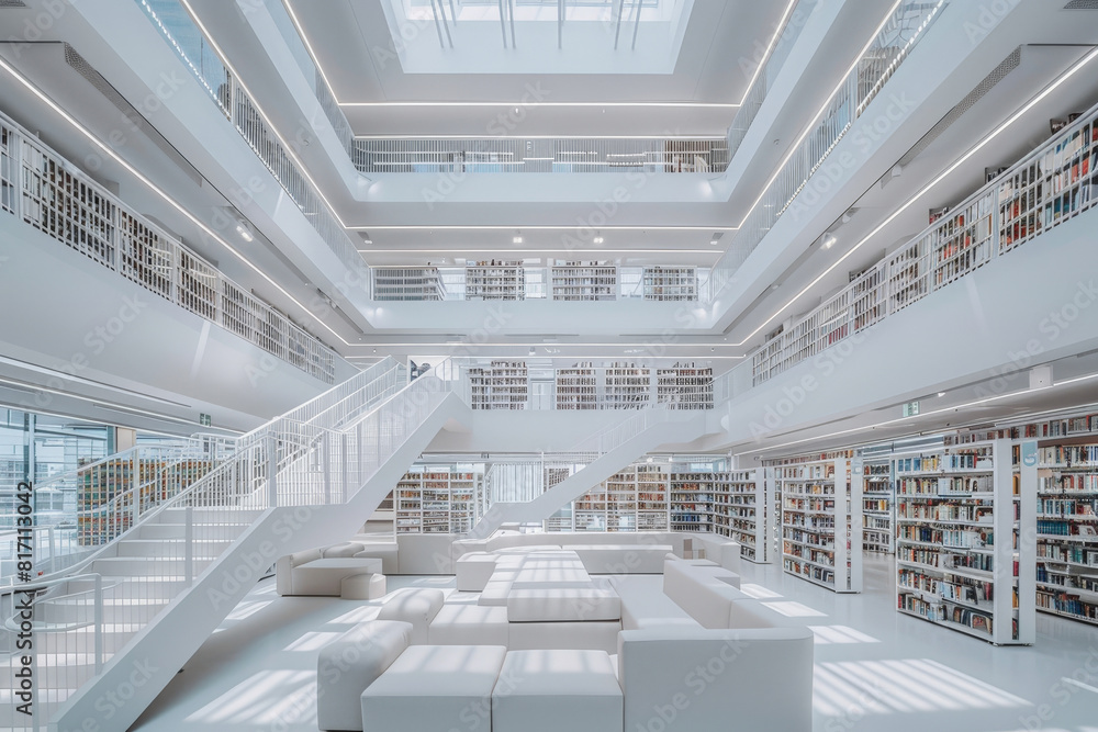 Poster a view of a white library room featuring stairs and bookshelves neatly arranged with books