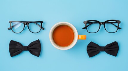 Fototapeta premium Elegance Unleashed: Tea, Glasses, and a Bow Tie on Blue