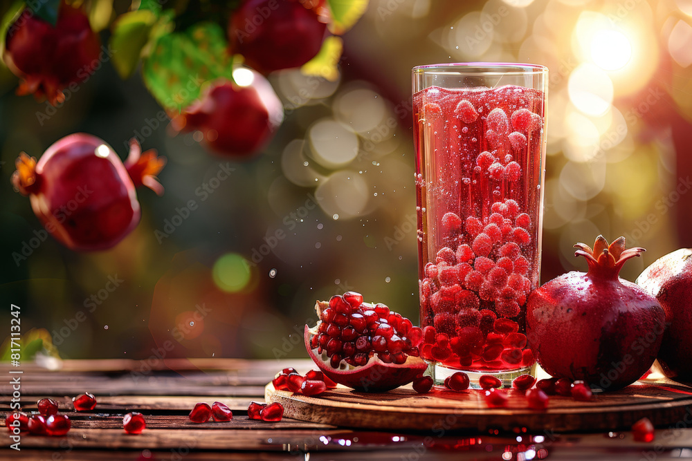 Poster A glass filled with vibrant pomegranate juice sits on a rustic wooden table