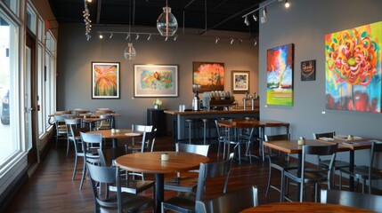A stylish cafe with modern decor and wooden tables features vibrant paintings on the walls and natural daylight from large windows.