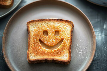 Fototapeta premium A slice of toast featuring a smiley face burnt onto it, creating a cheerful breakfast scene