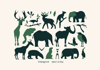 Obraz premium National Endangered Species Day, a flat vector illustration of different animals in green color on a white background with text Endangered Species Day