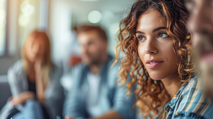 Obraz premium Portrait of female business executive sitting at desk and colleague discussing in background
