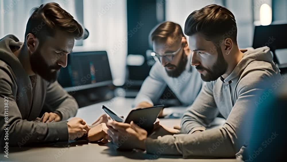 Aufkleber three bearded men analyzing tablet data generative ai
