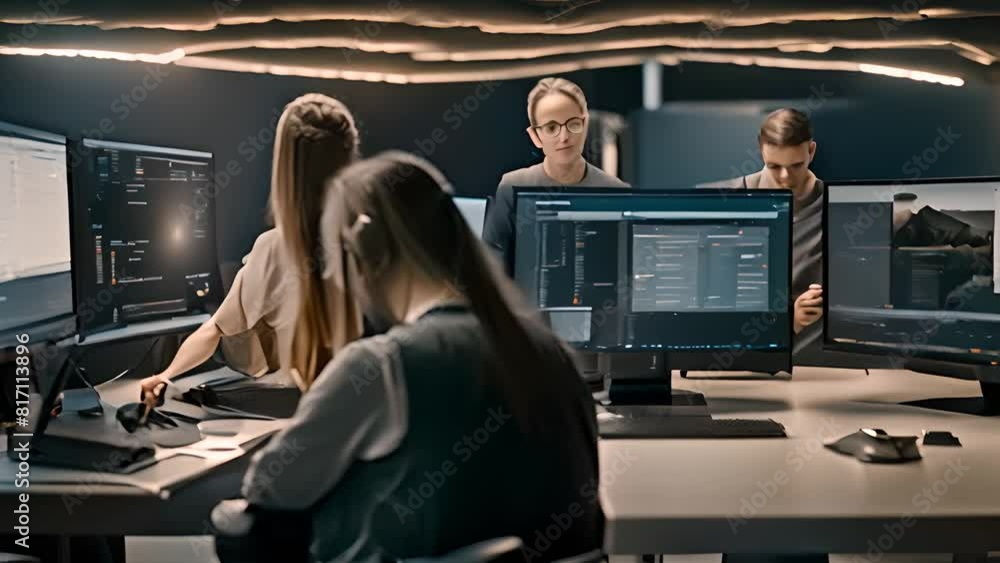 Poster group of people working at desk with multiple monitors generative ai