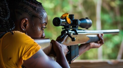 Black  woman practicing target shooting sport, person is focused and enjoying the sport, sports photography, generative ai