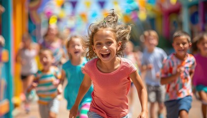 Obraz premium Kids running towards a theme park entrance, focus on their joyful expressions, family fun theme, vibrant, Blend mode, colorful banners.