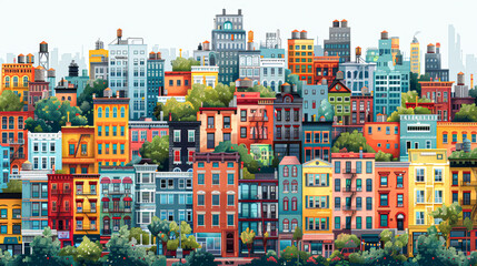 cityscape captured in summer, with colorful buildings and bustling street life, perfect for print on demand urban art pieces.