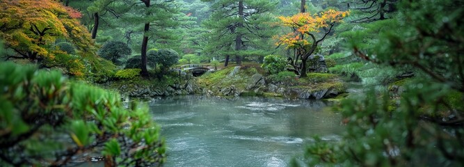Japanese garden with pond,  small bridge and green trees around