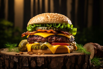 Close up of a hamburger with cheese, lettuce, and bacon - Powered by Adobe