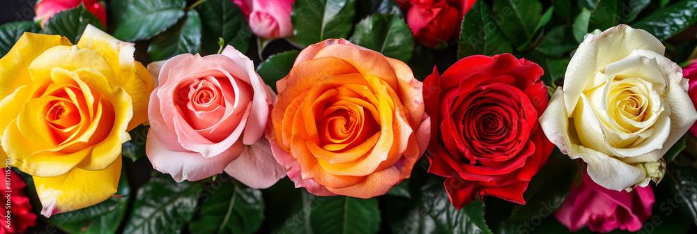 Poster a row of different colored roses, with shades of red, pink, yellow, and white, neatly arranged in a 