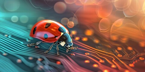 Ladybug perched on computer circuitry symbolizing diagnosing and troubleshooting tech issues. Concept Tech Support, Computer Diagnostics, Troubleshooting Tips, Circuitry Repair, Ladybug Symbolism