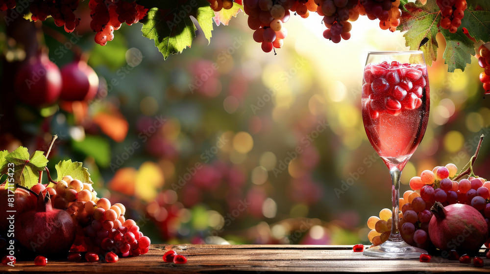 Wall mural A glass filled with red wine is placed on a table. A fresh pomegranate and juicy grapes are next to the glass, adding a pop of color to the scene