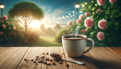 A cup of coffee on a wooden table with a spoonful of coffee beans, set in a serene park with morning lights.