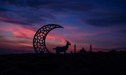 Eid Mubarak creative photography, Goat with crescent moon on sunset beach, Eid Al Adha background...