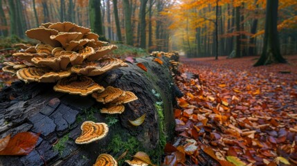 Variety of fungi sprouting from a decaying log in a vibrant autumn forest, surrounded by fallen leaves.