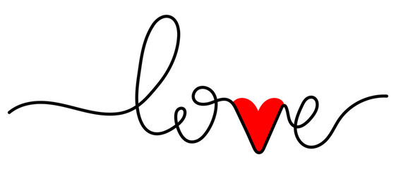 Word love with red heart single line art drawing