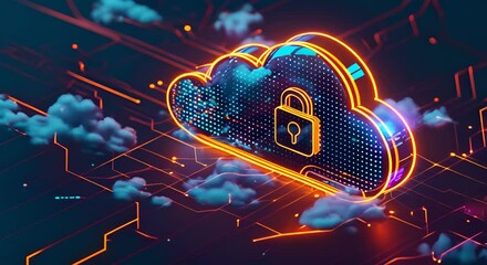 abstract illustration of cloud security services, stylized cloud icon integrated with a secure padlock symbol, representing data protection and cybersecurity in cloud computing environments