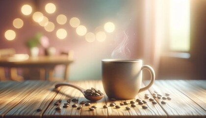 Cozy Coffee Scene with Warm Lighting and Beans.