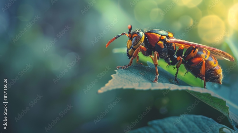 Poster wasp resting on a leaf, its wings folded neatly against its body.
