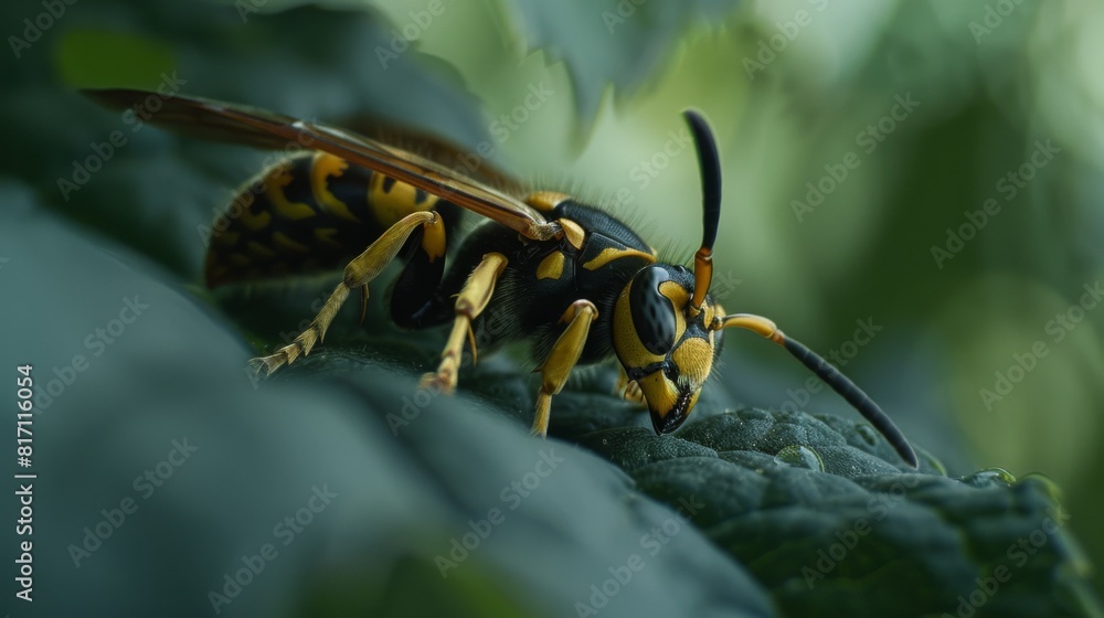 Poster wasp resting on a leaf, its wings folded neatly against its body.