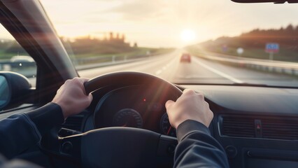 A man driving a car, his hand on the steering wheel, a highway background, sun rays through the windshield