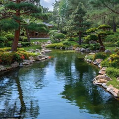 Japanese garden with pond, green trees around a traditional temple