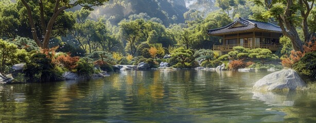 Japanese garden with pond, green trees around a traditional temple