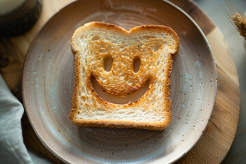 A slice of toast featuring a smiling expression on its surface
