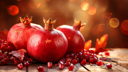 Ripe pomegranates scattered on a wooden table, showcasing their vibrant red seeds and rich texture