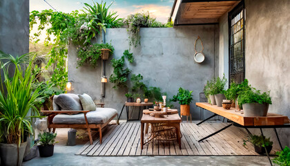 terraza de dise&ntilde;o moderno y muebles r&uacute;sticos