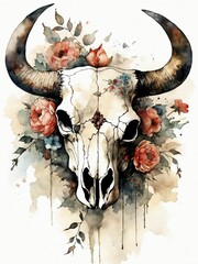Vintage Boho Bull Skull Flowers Painting Generative AI Illustration