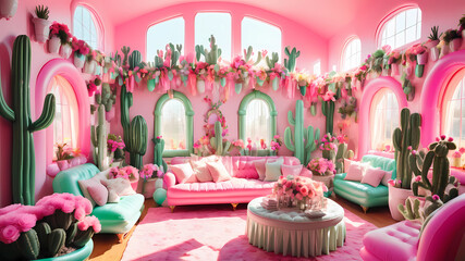 A grand sitting room inside of an inflatable house with an abundance of light coming in from the windows. Bright colors throughout with lots of pink and mint green. Candelabras float throughout the ro