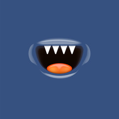 Vector Cartoon vampire mouth with fangs isolated on navy blue background. Funny and cute deep blue Halloween Monster mouth with teeth and tongue. 3d vector Monster mouse