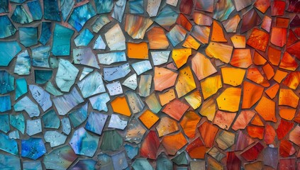 A vibrant and colorful mosaic pattern featuring a mix of bright colors like blue, purple, orange, yellow, green, red, pink, and white.