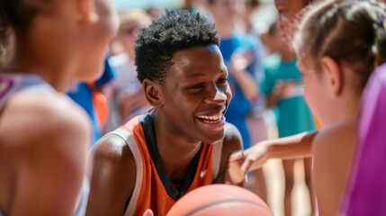 Joyful Young Fans Collecting Autographs at Basketball Camp